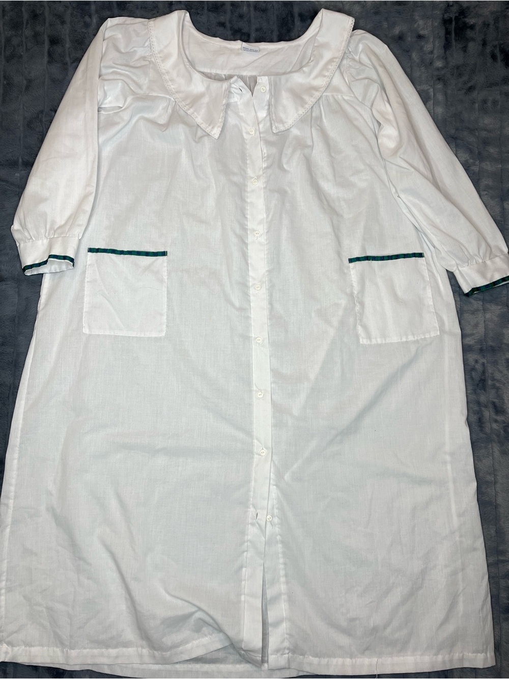 Vintage Carole XL House Dress | White with Green & Navy Plaid Trim | Made in USA